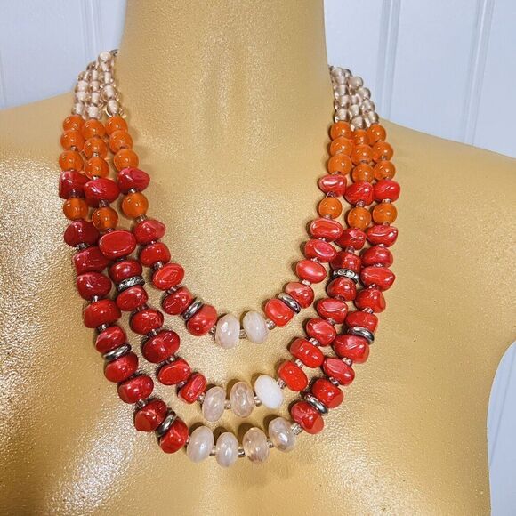 Sparkling Vintage Necklace 3 Strand Organic Form Glass Resin Beads Colorful 4112 - Picture 5 of 8